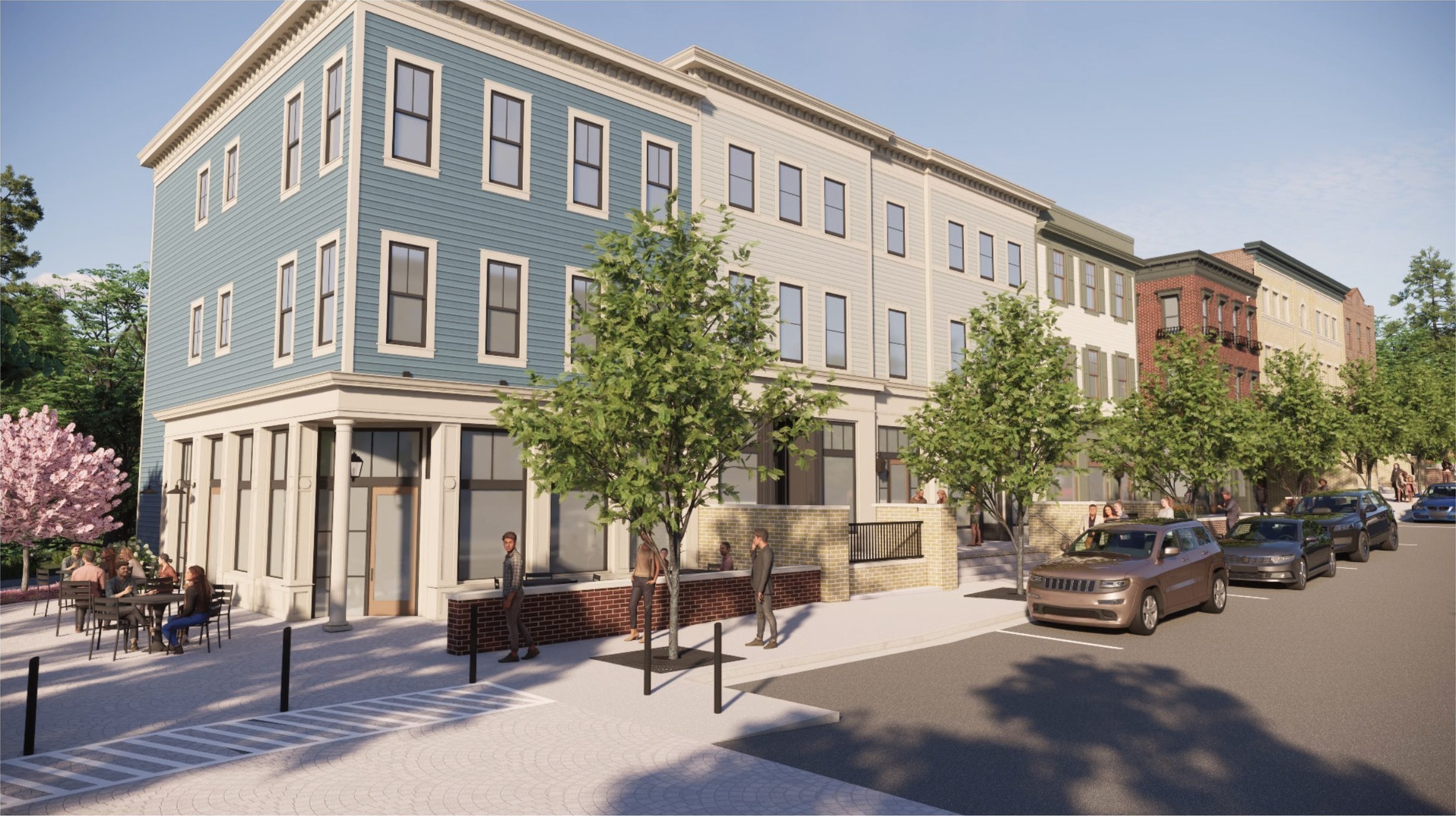 Blue storefront with outdoor cafe