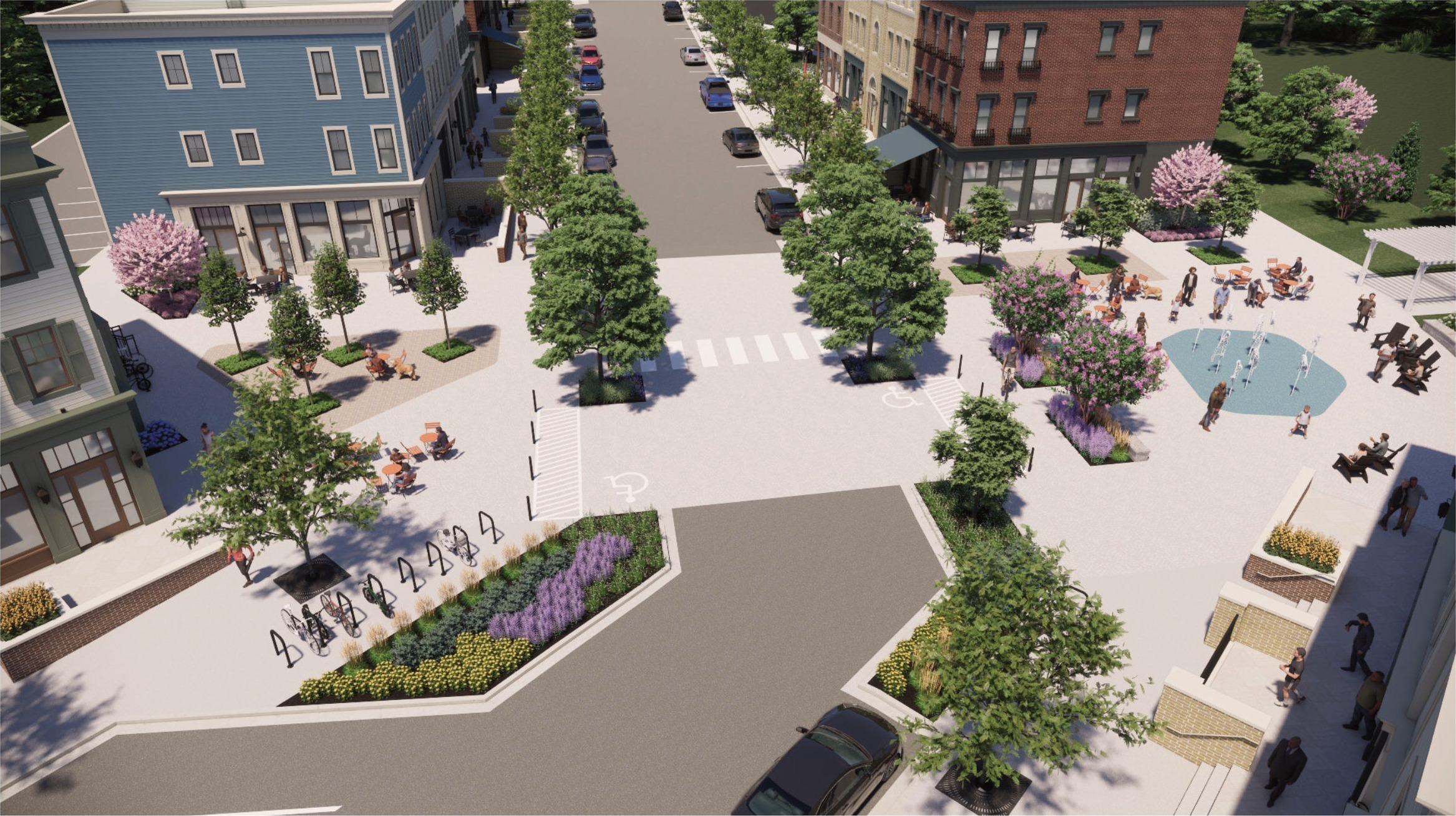 Splash pad and lavender gardens