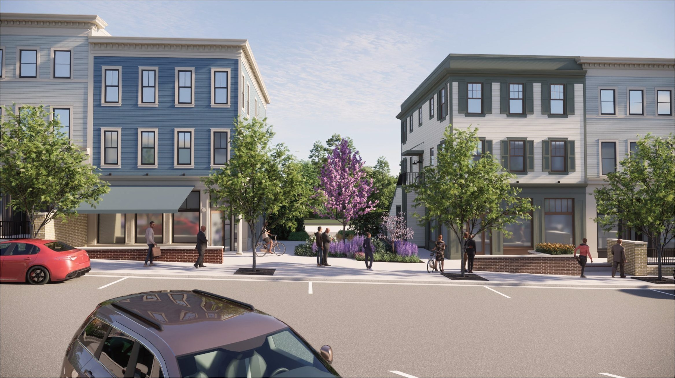 Blue and gray clapboard homes