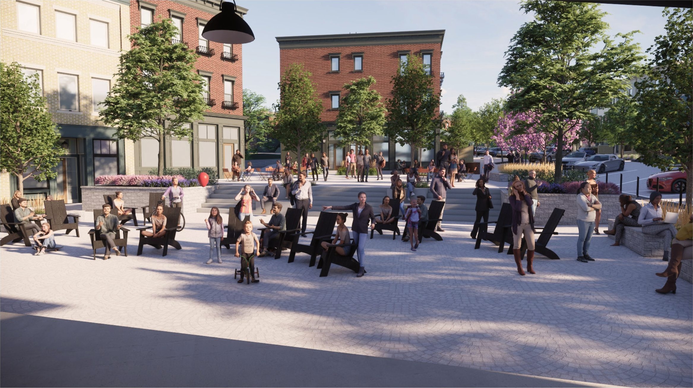 Commercial storefronts and outdoor dining at West Village